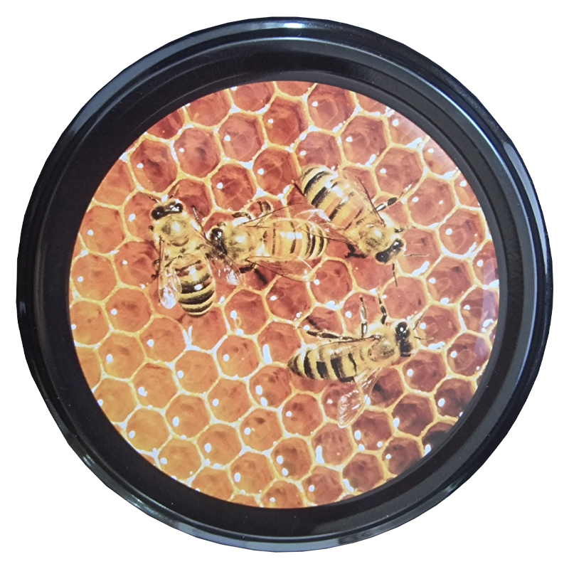 Viečko na med TO 82 - Včielky na pláste s medom - čierne