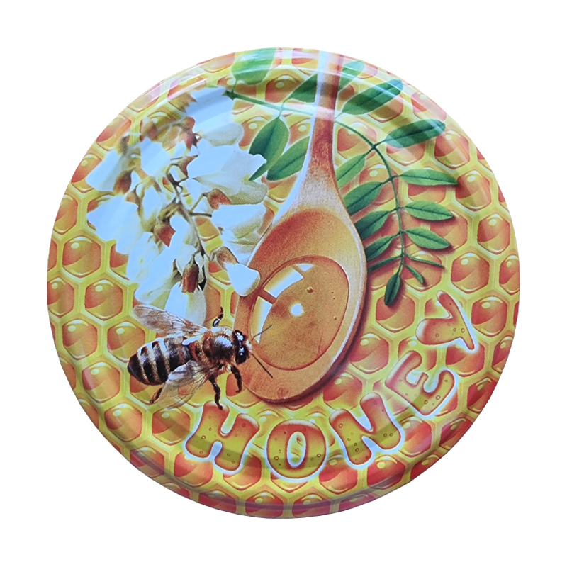 Viečko na med TO 82 - Včielky na oranžovom pláste s agátovým kvetom